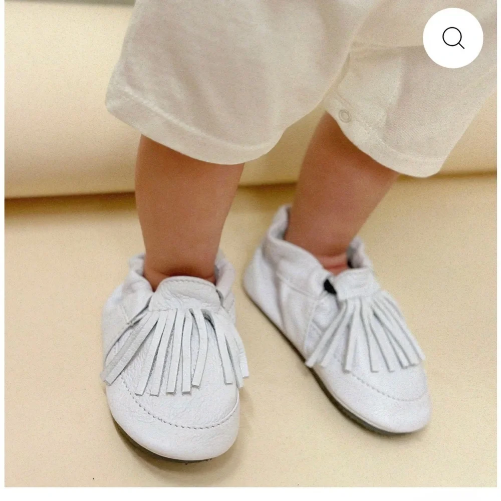 Chic White Leather Moccasins for Kids with Fringe by ili + charlie boutique bran